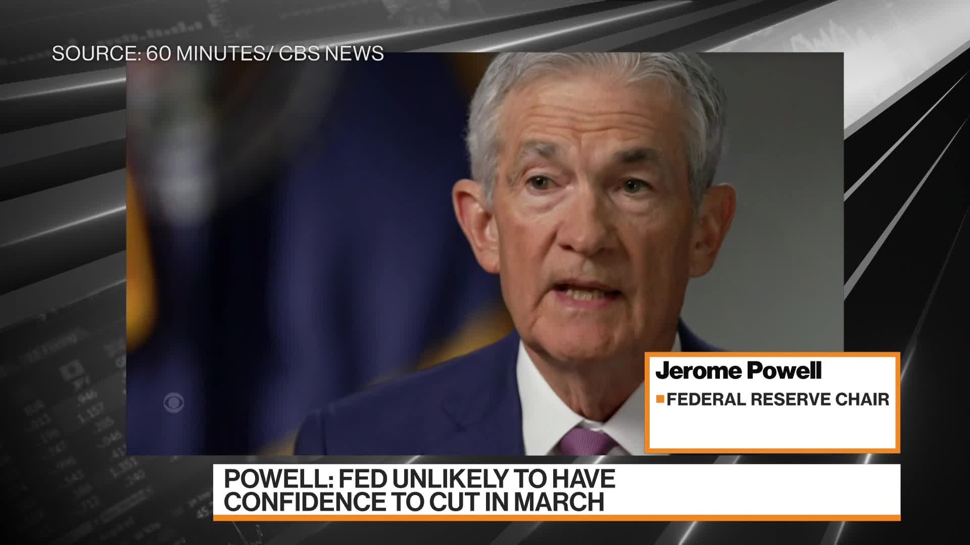Federal Reserve Chair Jerome Powell, speaking on CBS's 60 Minutes that aired Sunday evening, signaled that an interest-rate cut in March is unlikely. David Ingles reports on Bloomberg Television.Source: Bloomberg
