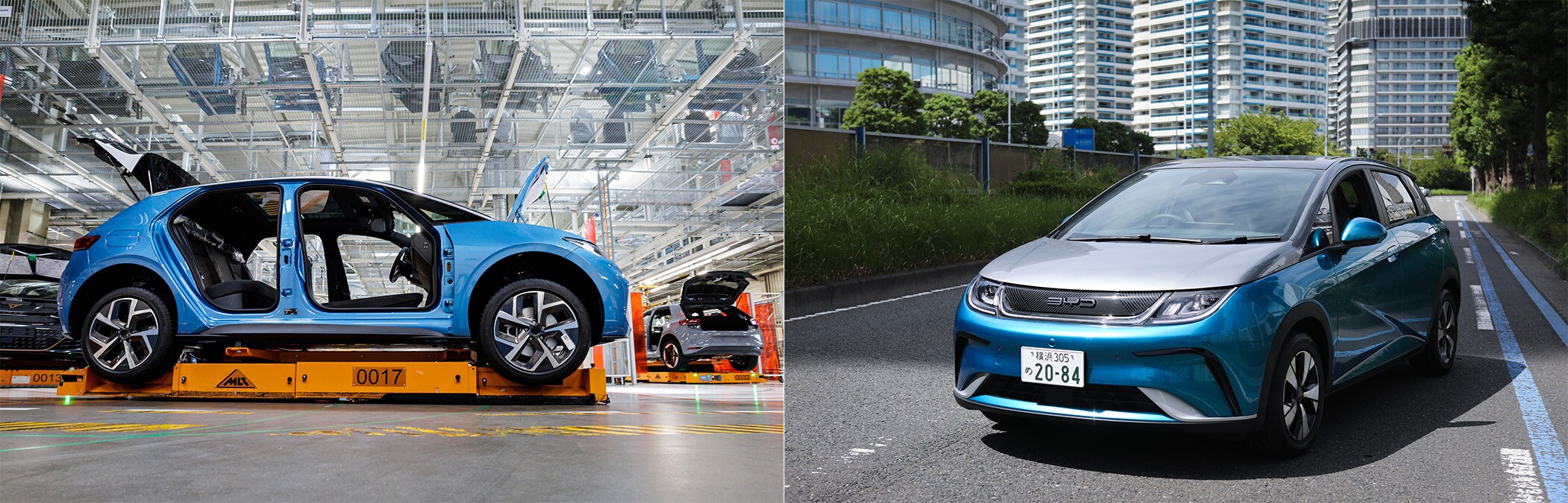 VW's ID.3 electric car, left, and BYD Co.'s Dolphin electric car.Photographer: Jens Schlueter/Getty Images/Kentaro Takahashi/Bloomberg/