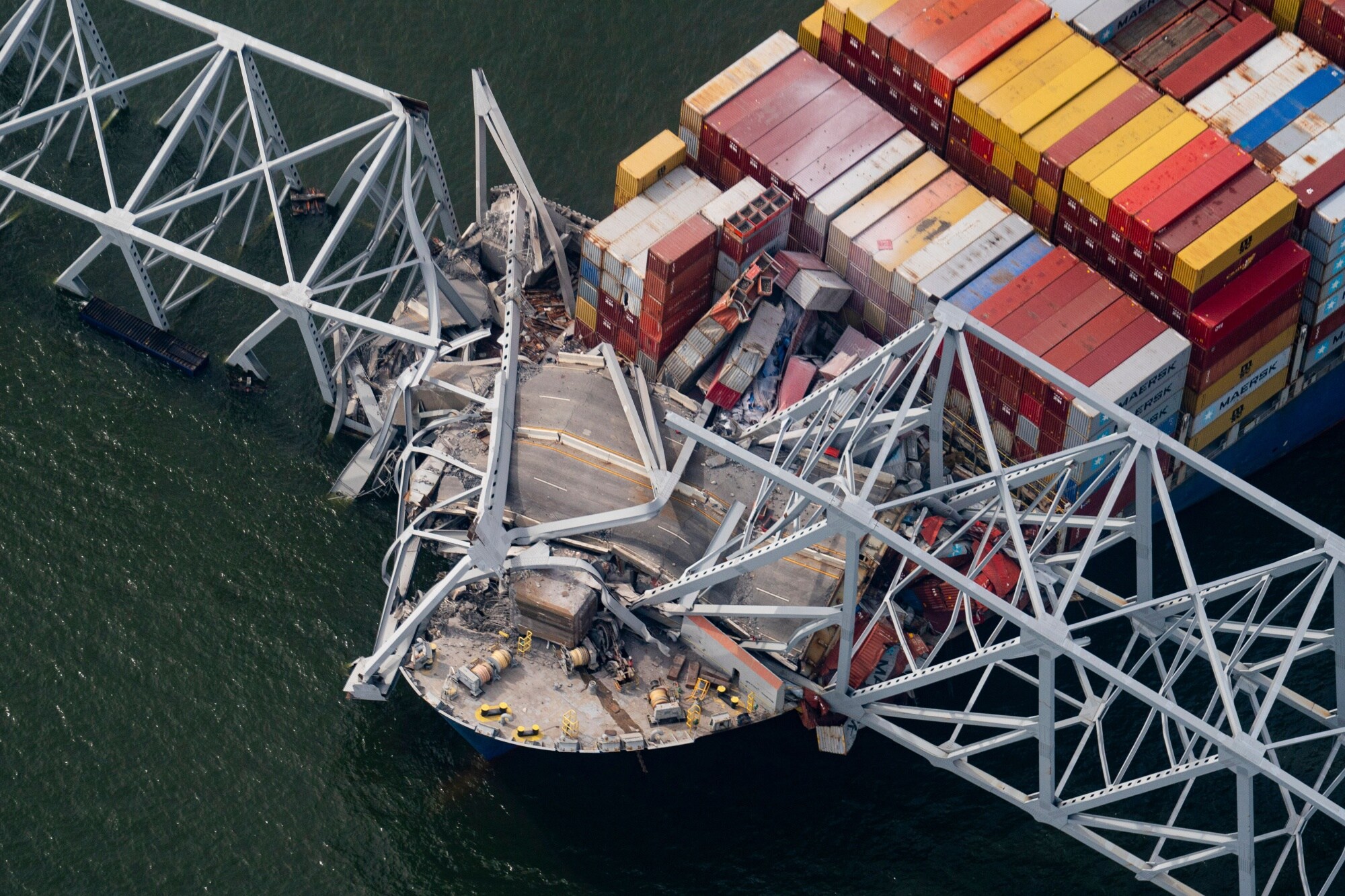 The Dali container vessel after striking the Francis Scott Key Bridge that collapsed into the Patapsco River in Baltimore on March 26.Photographer: Al Drago/Bloomberg