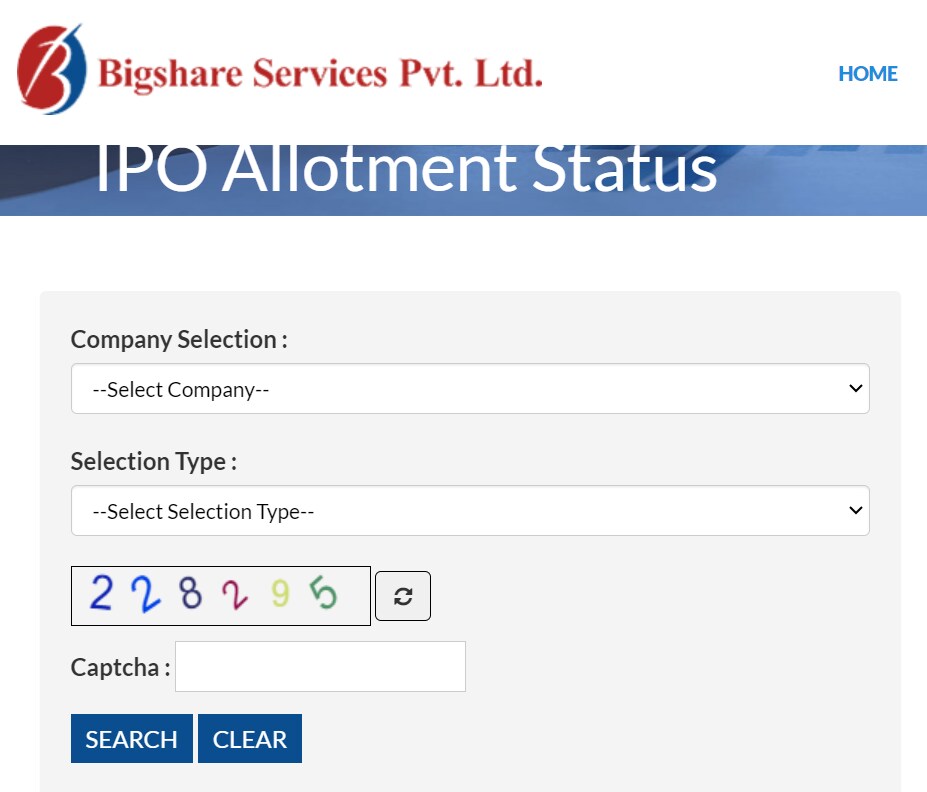 Bigshare services IPO allotment status page
