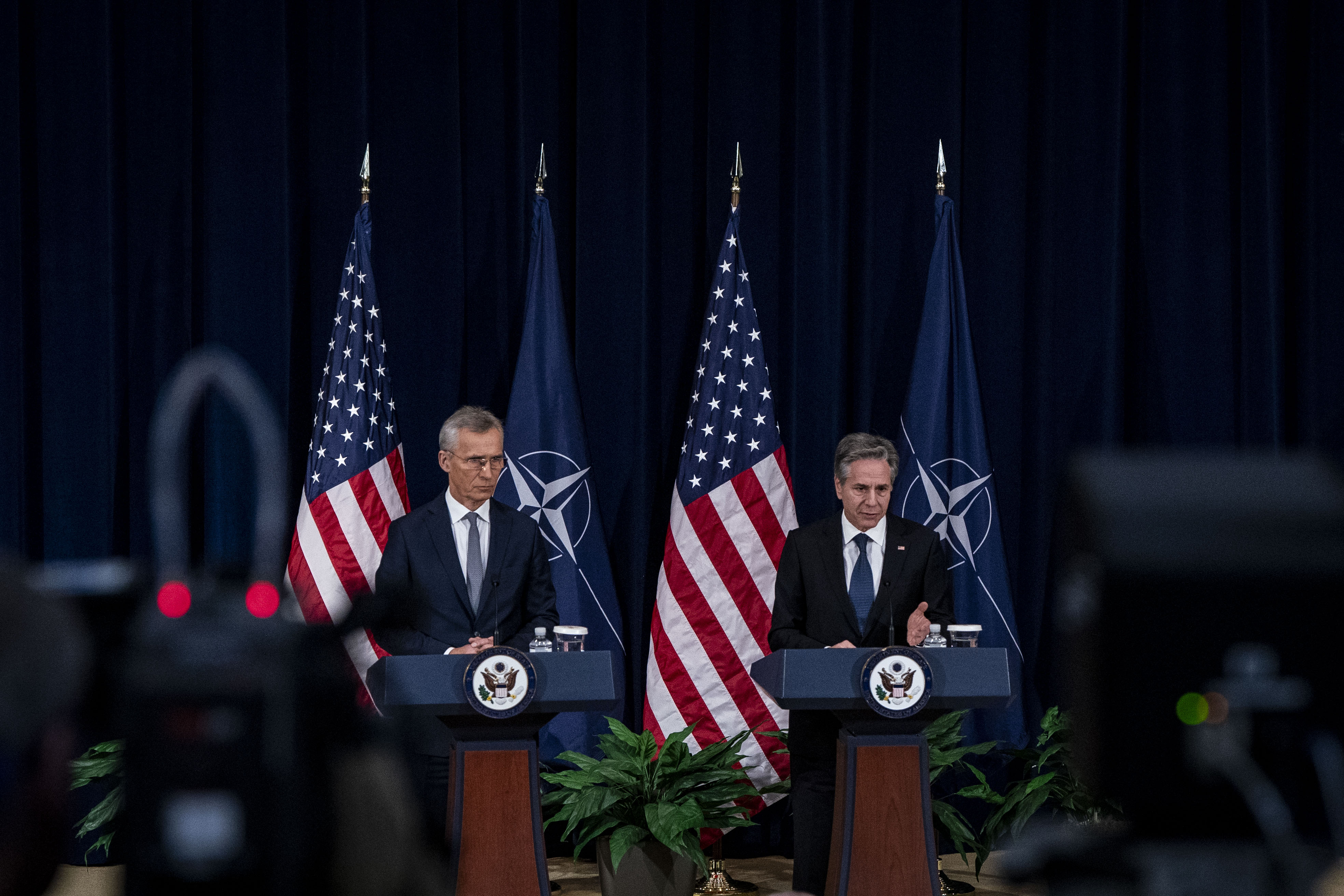 NATO's Jens Stoltenberg, left, and the US Secretary of State Antony Blinken during a news conference at the US State Department in Washington, on Jan. 29.Photographer: Haiyun Jiang/Bloomberg