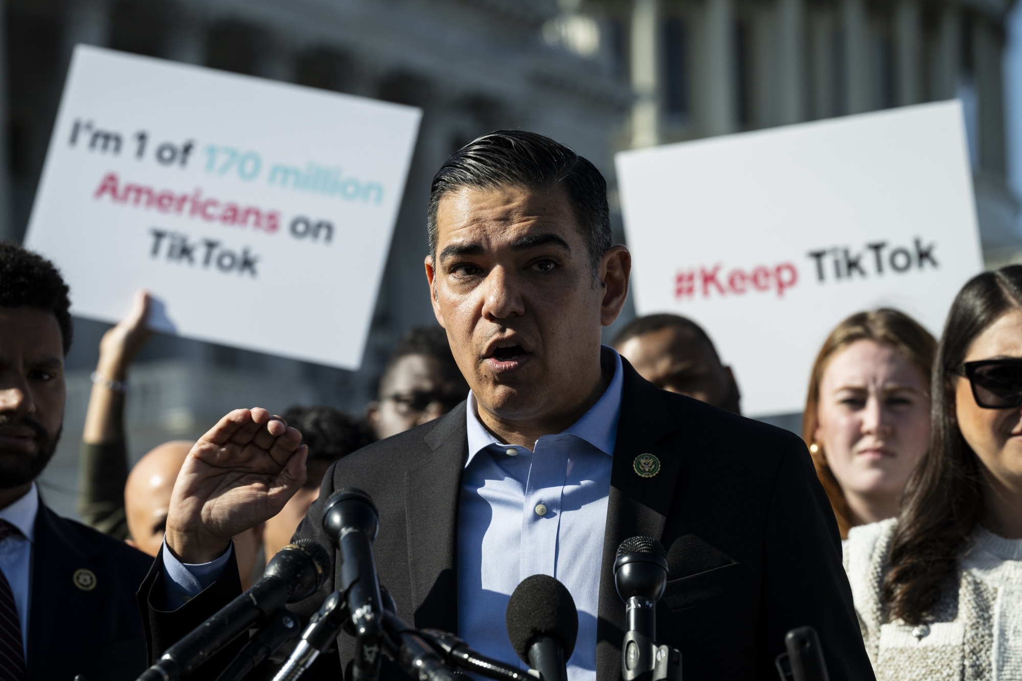 Representative Robert Garcia, a Democrat from California, addressed a news conference at the US Capitol last month amid renewed efforts by Congress to force TikTok to sell or face a ban in the US.Photographer: Graeme Sloan/Bloomberg