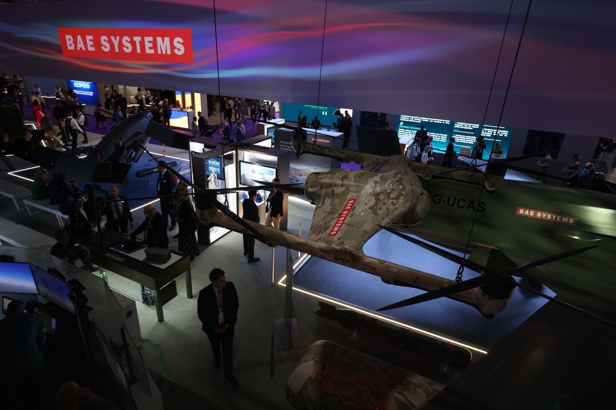 The BAE Systems stand at the Defence and Security Equipment International (DSEI) 2023 exhibition in London, in September.Photographer: Hollie Adams/Bloomberg