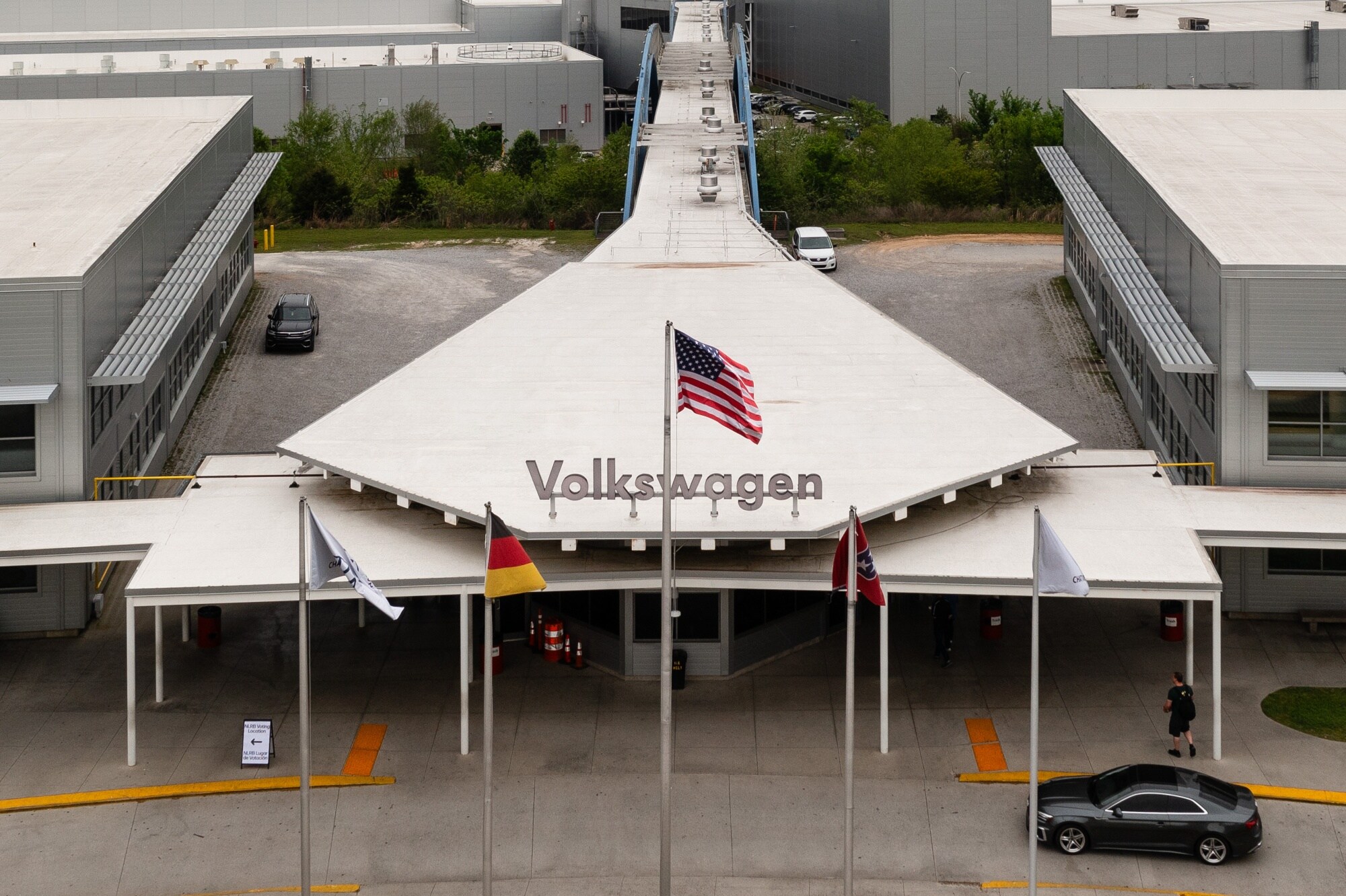 A National Labor Relations Board voting location sign outside a Volkswagen AG assembly plant in Chattanooga, Tennessee, on April 17.Photographer: Elijah Nouvelage/Bloomberg