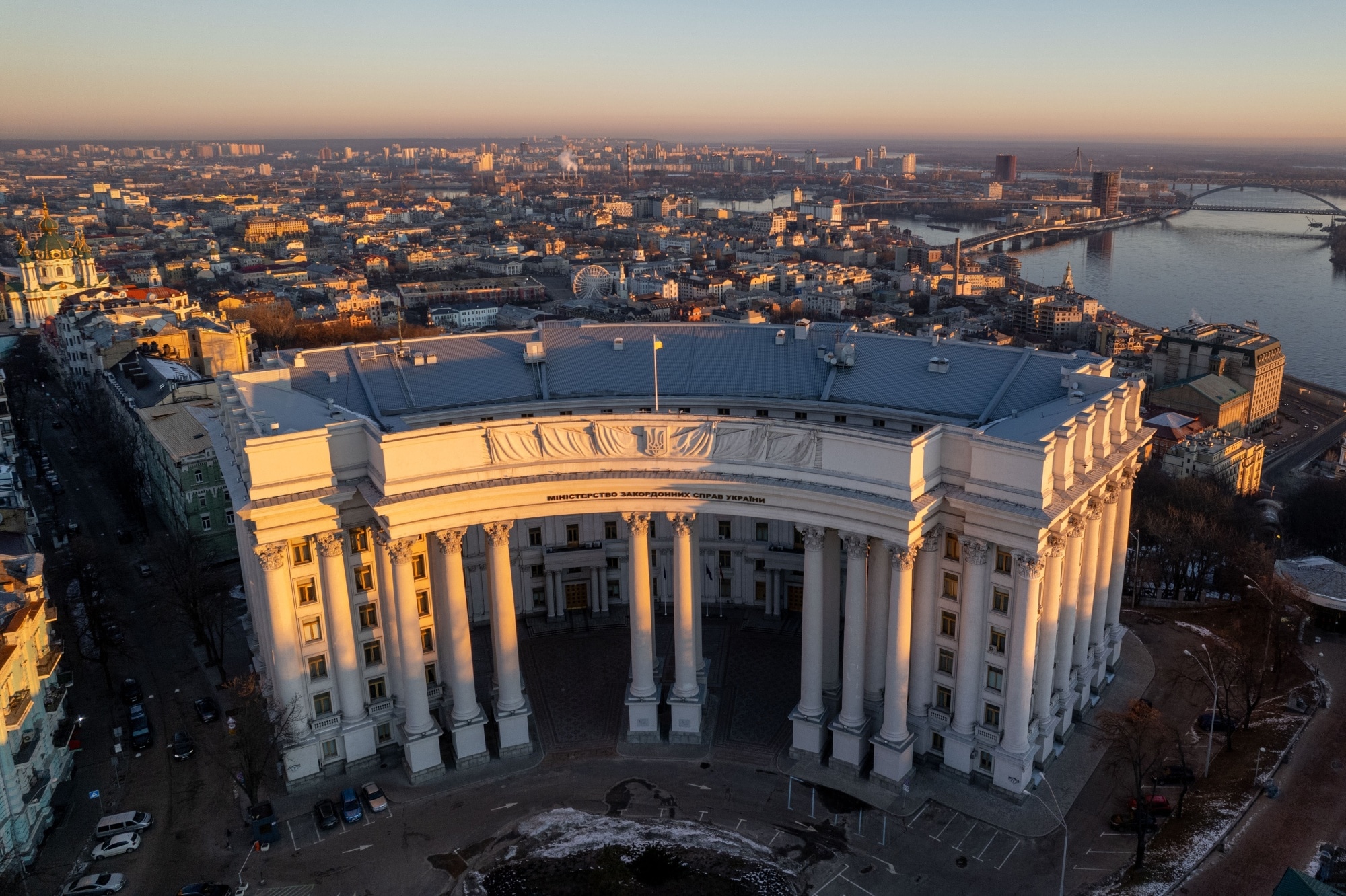 The Ministry of Foreign Affairs building at sunrise in Kyiv.Photographer: Ethan Swope/Bloomberg