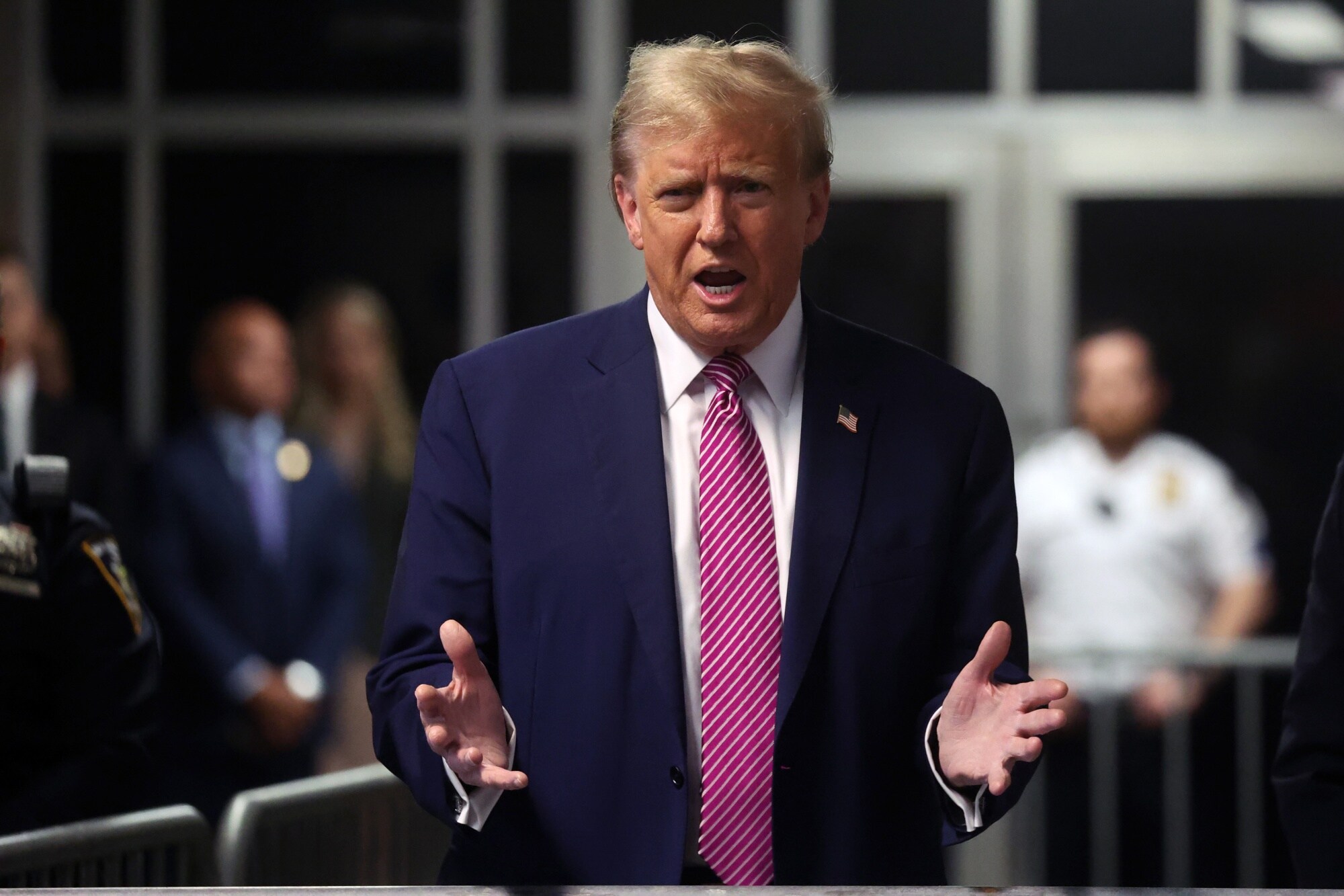 Donald Trump speaks to members of the media at Manhattan criminal court in New York on April 19.Photographer: Spencer Platt/Getty Images/Bloomberg