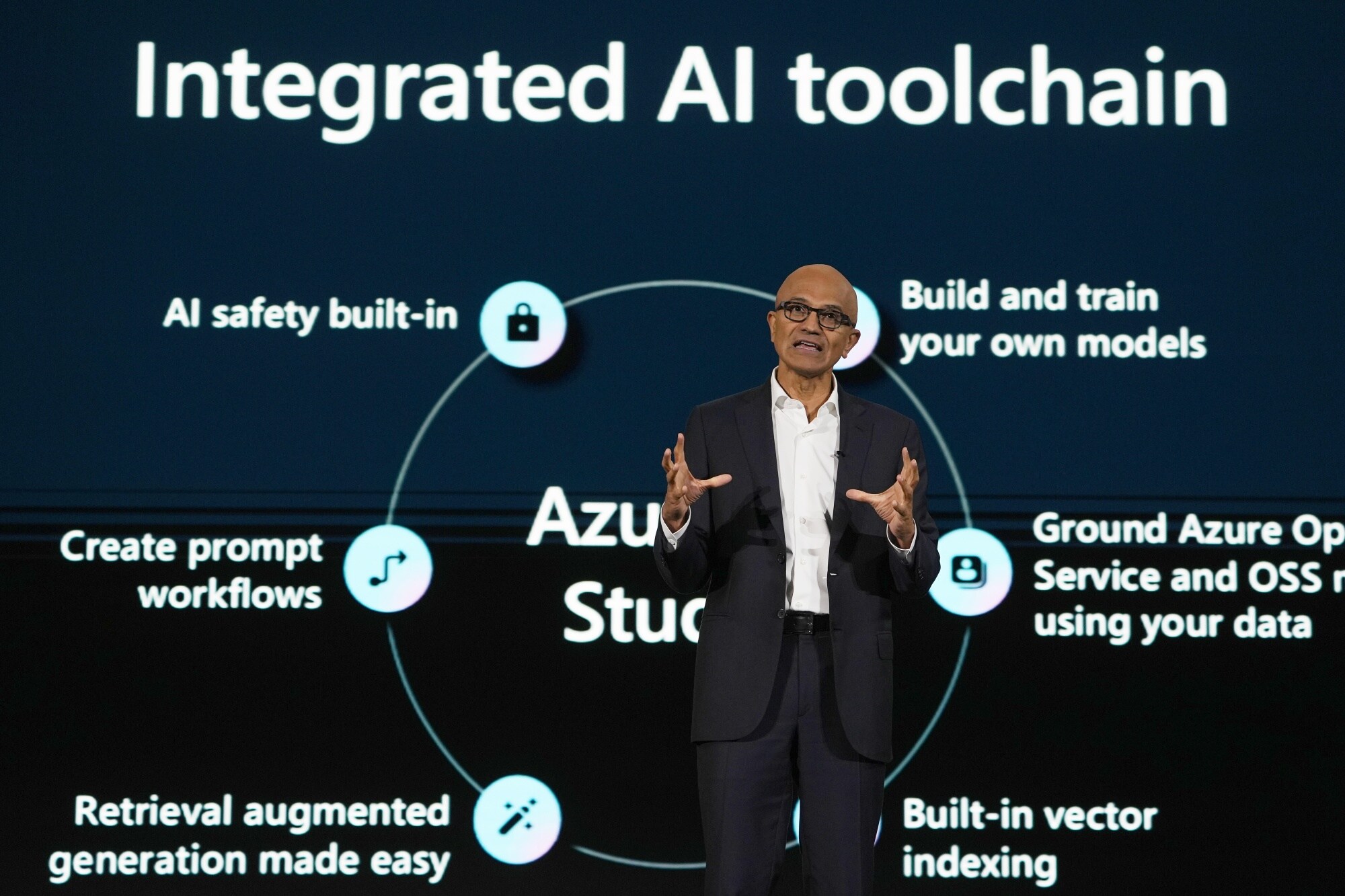 Satya Nadella during Microsoft's forum in Jakarta on April 30.Photographer: Dimas Ardian/Bloomberg