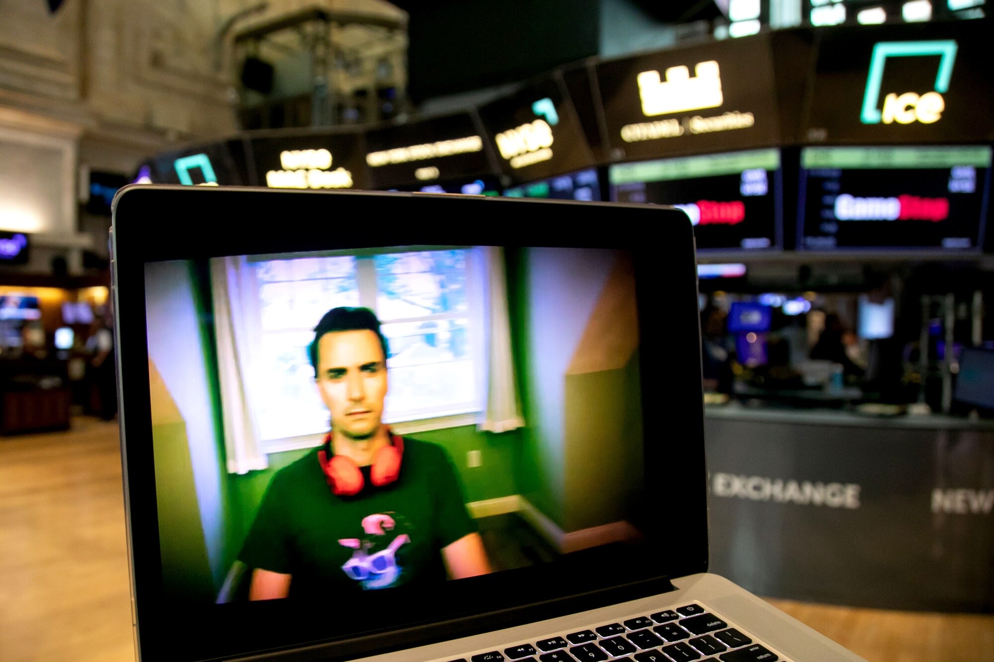 Keith Gill during a YouTube livestream arranged on a laptop at the New York Stock Exchange on June 7.Photographer: Michael Nagle/Bloomberg