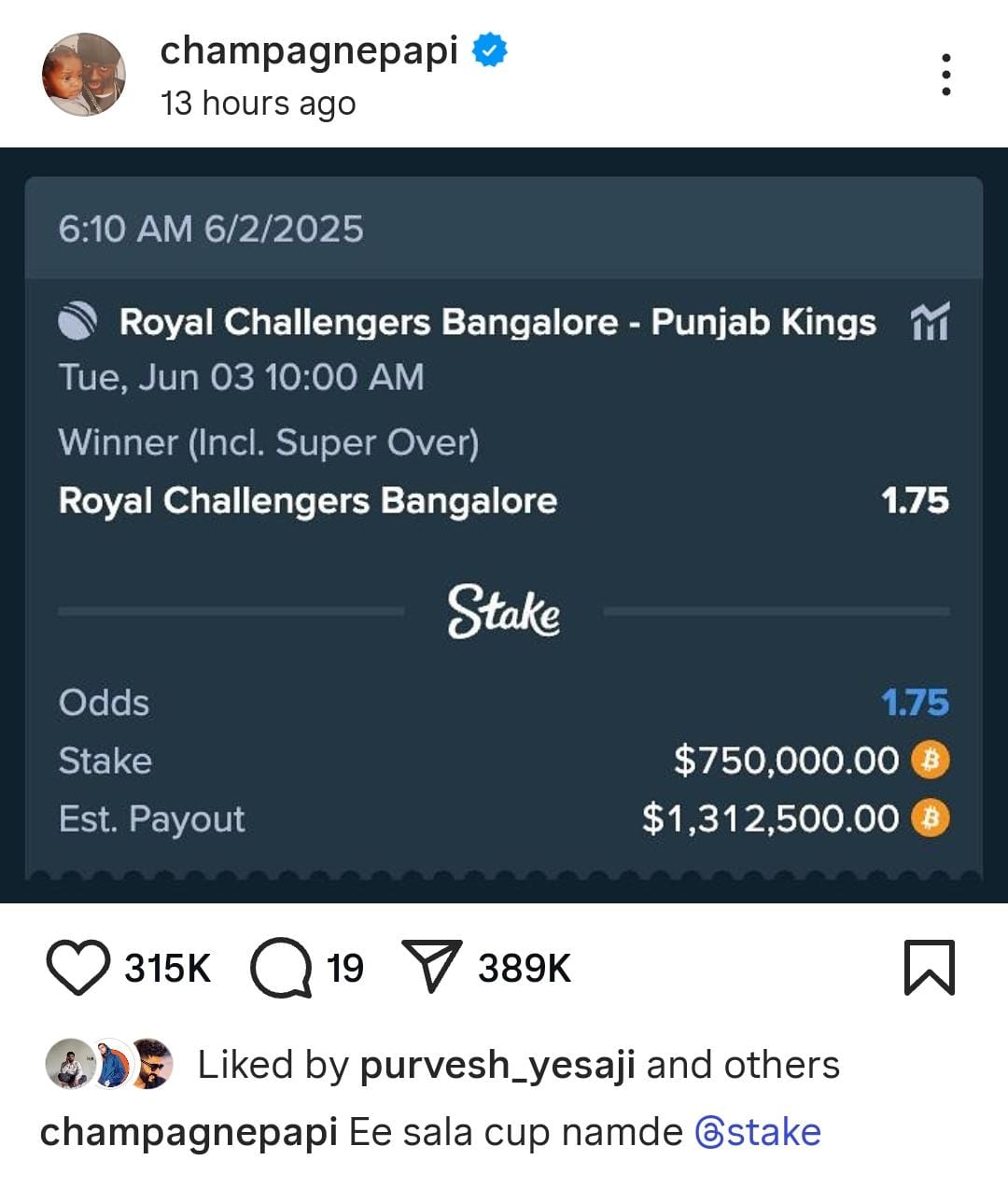 Drake IPL bet