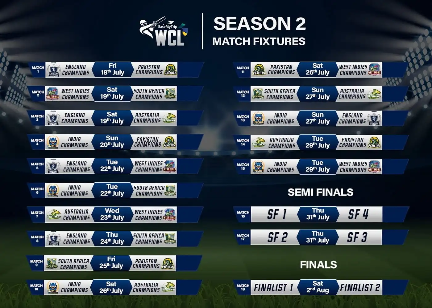 World Championship Of Legends 2025 Fixtures