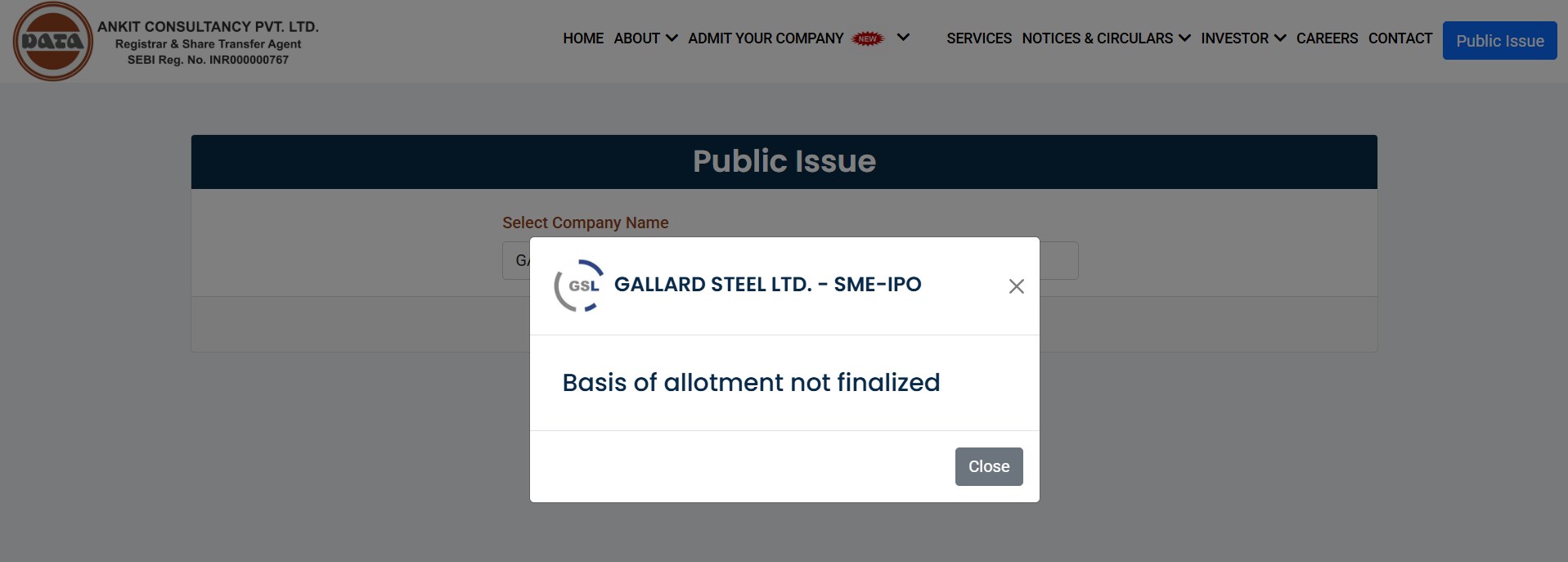 Ankit Consultancy IPO Allotment status page